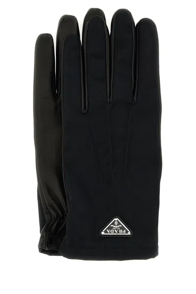 Prada Black Nylon And Nappa Leather Gloves In Green