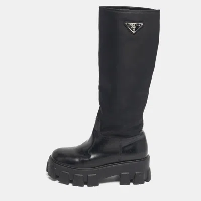 Pre-owned Prada Black Nylon And Patent Leather Monolith Knee Length Boots Size 38