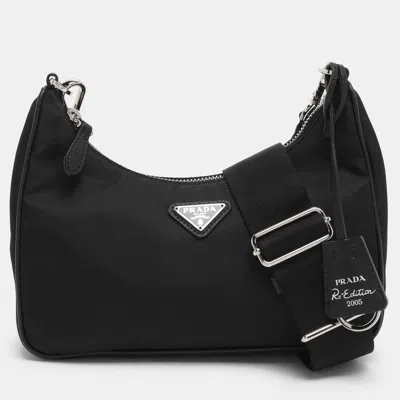 Pre-owned Prada Black Nylon And Saffiano Leather Re-edition 2005 Baguette Bag