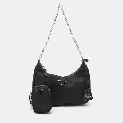Pre-owned Prada Black Nylon And Saffiano Leather Re-edition 2005 Shoulder Bag