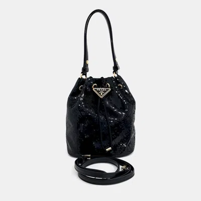 Pre-owned Prada Black Nylon And Sequins Sequined Re-nylon Bucket Bag