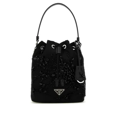 Prada Mini Nylon Bucket Bag With Adjustable Shoulder Strap In Brown