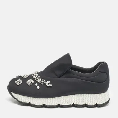 Pre-owned Prada Black Nylon Crystal Embellished Slip On Sneakers Size 38.5