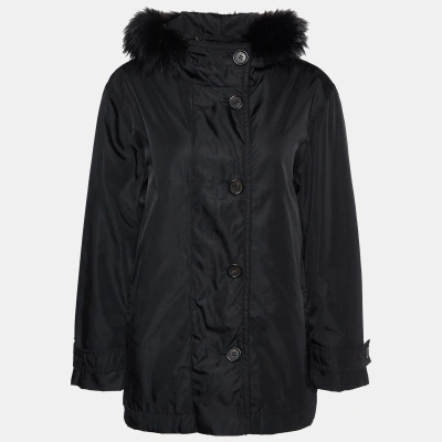 Pre-owned Prada Black Nylon Fur Trimmed Hooded Jacket L