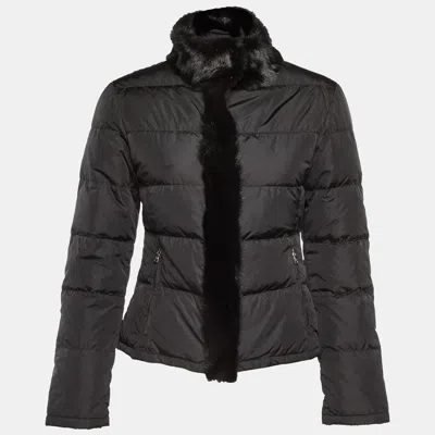 Pre-owned Prada Black Nylon Logo Applique Mink Fur Trim Puffer Jacket S