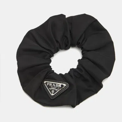 Pre-owned Prada Black Nylon Logo Plaque Hair Scrunchie