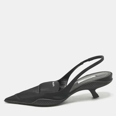 Pre-owned Prada Black Nylon Logo Print Pointed Toe Slingback Pumps Size 36