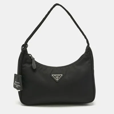 Pre-owned Prada Black Nylon Mini Re-edition 2000 Baguette Bag