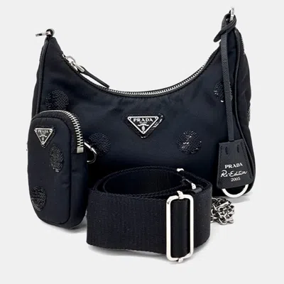 Pre-owned Prada Black Nylon Re-nylon Polka Dot Tessuto Chain Strap Hobo Bag