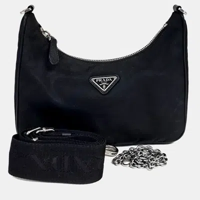 Pre-owned Prada Black Nylon Re-nylon Tessuto Chain Strap Hobo Bag