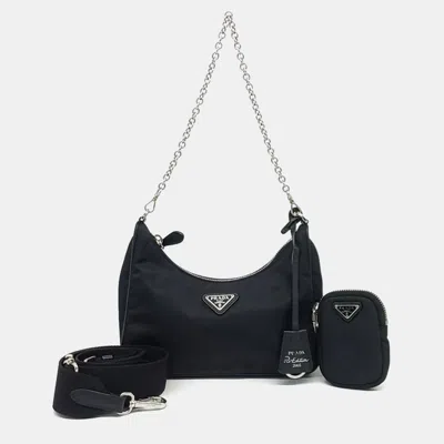 Pre-owned Prada Black Nylon Tessuto Chain Strap Hobo Bag