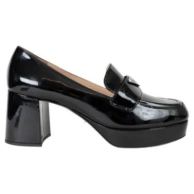 Pre-owned Prada Black Patent 2023 Chocolate Flow Logo Block Heel Loafer Pumps Shoes 39