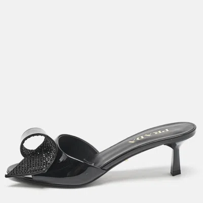 Pre-owned Prada Black Patent Leather And Satin Bow Slide Sandals Size 39