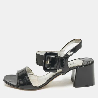 Pre-owned Prada Black Patent Leather Ankle Strap Sandals Size 39.5