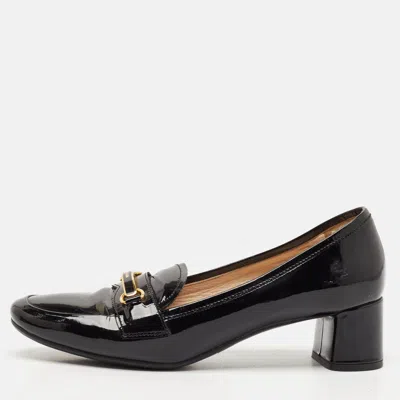 Pre-owned Prada Black Patent Leather Block Heel Loafer Pumps Size 37.5