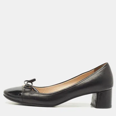 Pre-owned Prada Black Patent Leather Bow Block Heel Pumps Size 36.5