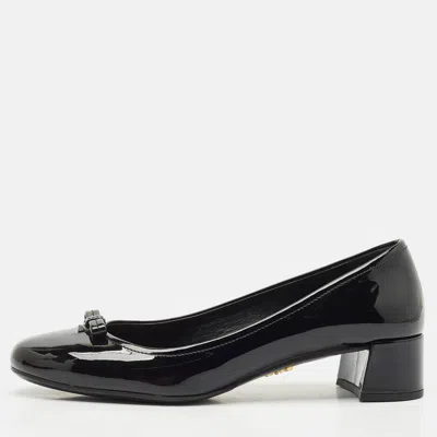Pre-owned Prada Black Patent Leather Bow Block Heel Pumps Size 37.5