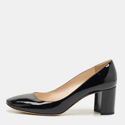 Pre-owned Prada Black Patent Leather Bow Block Heel Pumps Size 37.5