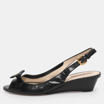 Pre-owned Prada Black Patent Leather Bow Slingback Sandals Size 38