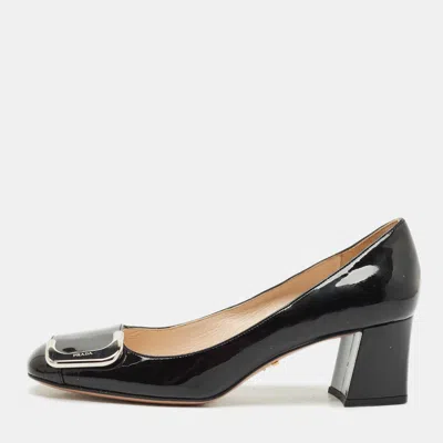 Pre-owned Prada Black Patent Leather Buckle Detail Block Heel Pumps Size 37