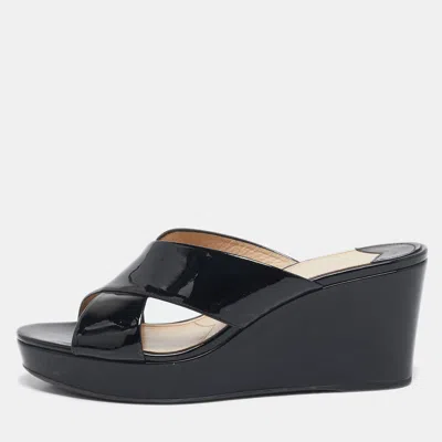 Pre-owned Prada Black Patent Leather Criss Cross Wedge Platform Slide Sandals Size 41