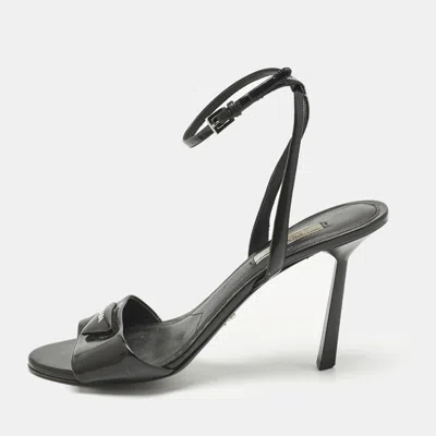 Pre-owned Prada Black Patent Leather Logo Ankle Strap Sandals Size 40