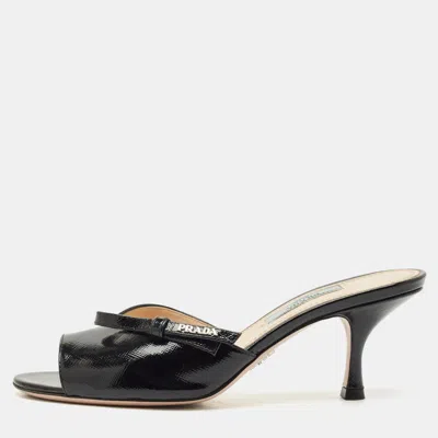 Pre-owned Prada Black Patent Leather Logo Slide Sandals Size 36.5