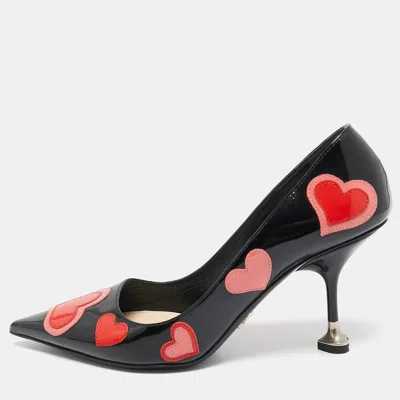 Pre-owned Prada Black Patent Leather Love Printed Pointed Toe Pumps Size 38.5