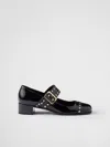 Prada Block Heel Round Toe Patent Finish Studded Detail