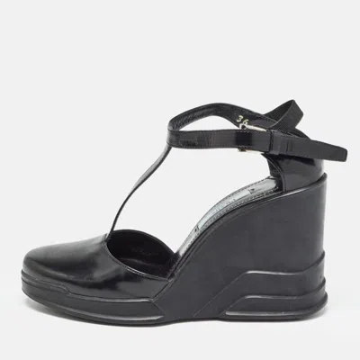 Pre-owned Prada Black Patent Leather T-strap Wedge Sandals Size 36