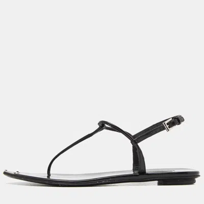 Pre-owned Prada Black Patent Leather Thong Ankle Strap Flats Size 38