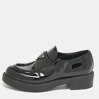 Pre-owned Prada Black Patent Leather Triangle Logo Slip On Loafers Size 37