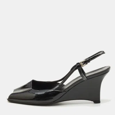Pre-owned Prada Black Patent Leather Wedge Slingback Sandals Size 37.5