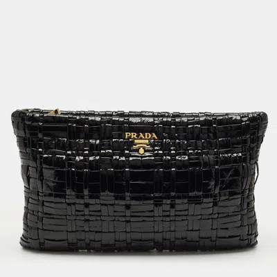 Pre-owned Prada Black Patent Leather Woven Slim Clutch