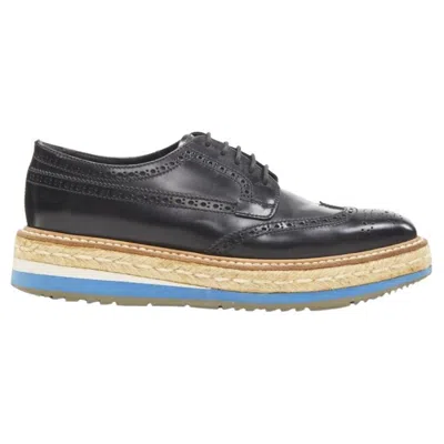 Pre-owned Prada Black Perforated Leather Jute Espadrille Platform Brogue Eu36.5