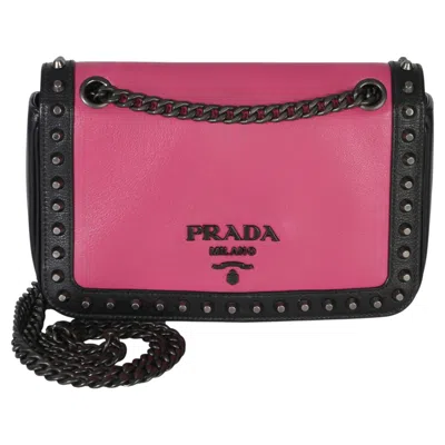 Pre-owned Prada Black Pink Calfskin Glace Studded Chain Flap