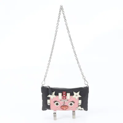 Pre-owned Prada Black Pink Leather Nylon Clutch Bag Shoulder Bag () In Black, Pink