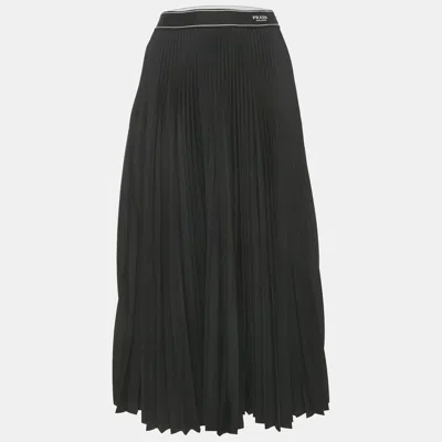 Pre-owned Prada Black Plisse Logo Band Detail Midi Skirt M