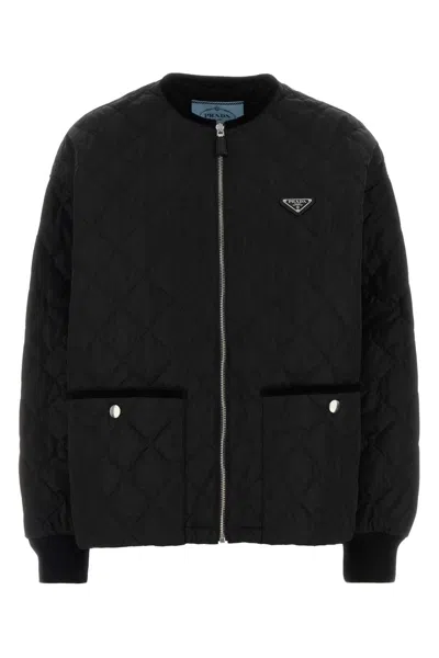 Prada Quilted Polyester Jacket Front Pockets Ribbed Cuffs In Black