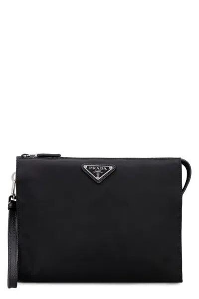 Prada Black Pouch In Re-nylon And Saffiano In Brown