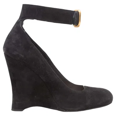 Pre-owned Prada Black  Suede Ankle Strap Wedges Size 39