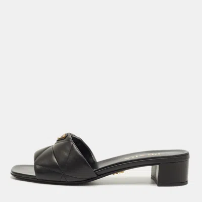 Pre-owned Prada Black Quilted Leather Block Heel Slide Sandals Size 40.5