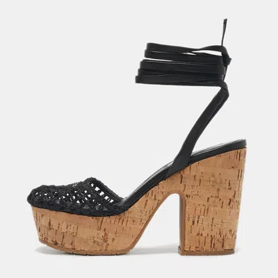 Pre-owned Prada Black Raffia And Leather Cork Ankle Strap Sandals Size 37