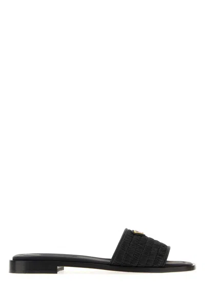 Prada Black Raffia And Leather Slippers