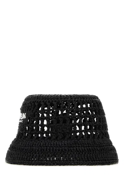 PRADA BLACK RAFFIA BUCKET HAT