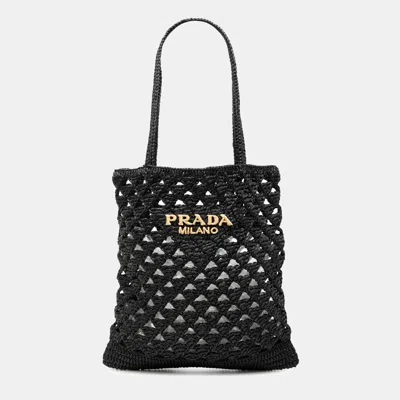 Pre-owned Prada Black Raffia Effect Crochet Logo Embroidered Tote