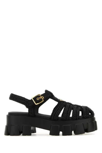 Prada Black Raffia Monolith Sandals