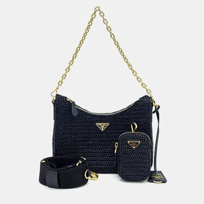 Pre-owned Prada Black Raffia Raffia Chain Strap Hobo Bag