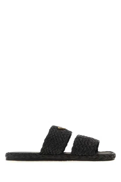 Prada Black Raffia Slippers In Multi