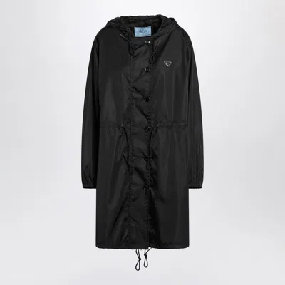 Prada Long Hooded Raincoat Featuring Drawstring Hem In Black